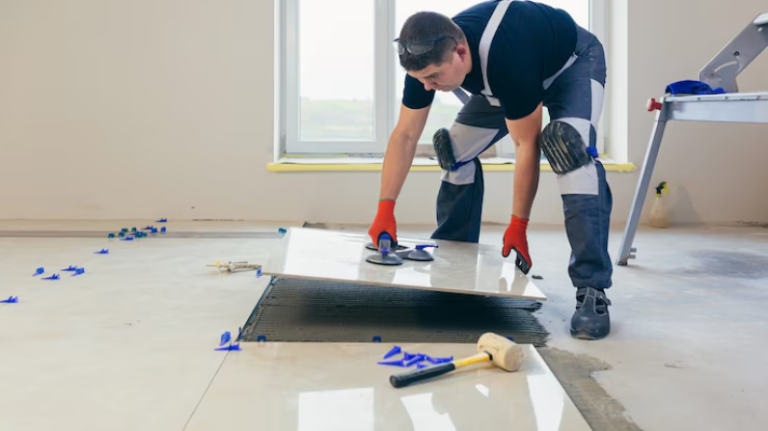 Clean and polished hardwood floor with maintenance tools like mop and floor cleaner.